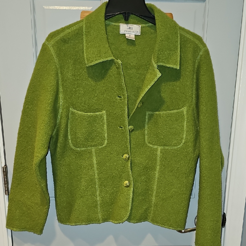 VINTAGE Lisa International Olive Green Women Jacket Coat 100% Wool Medium